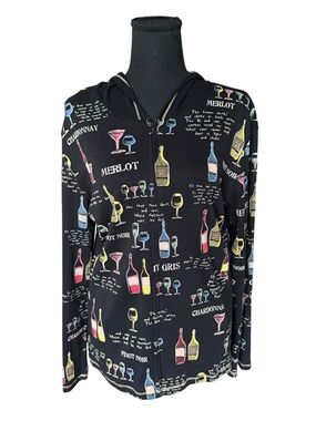 Jess & Jane Wine Collection Zip Hoodie Jacket L Black 100% Cotton Artsy Winery